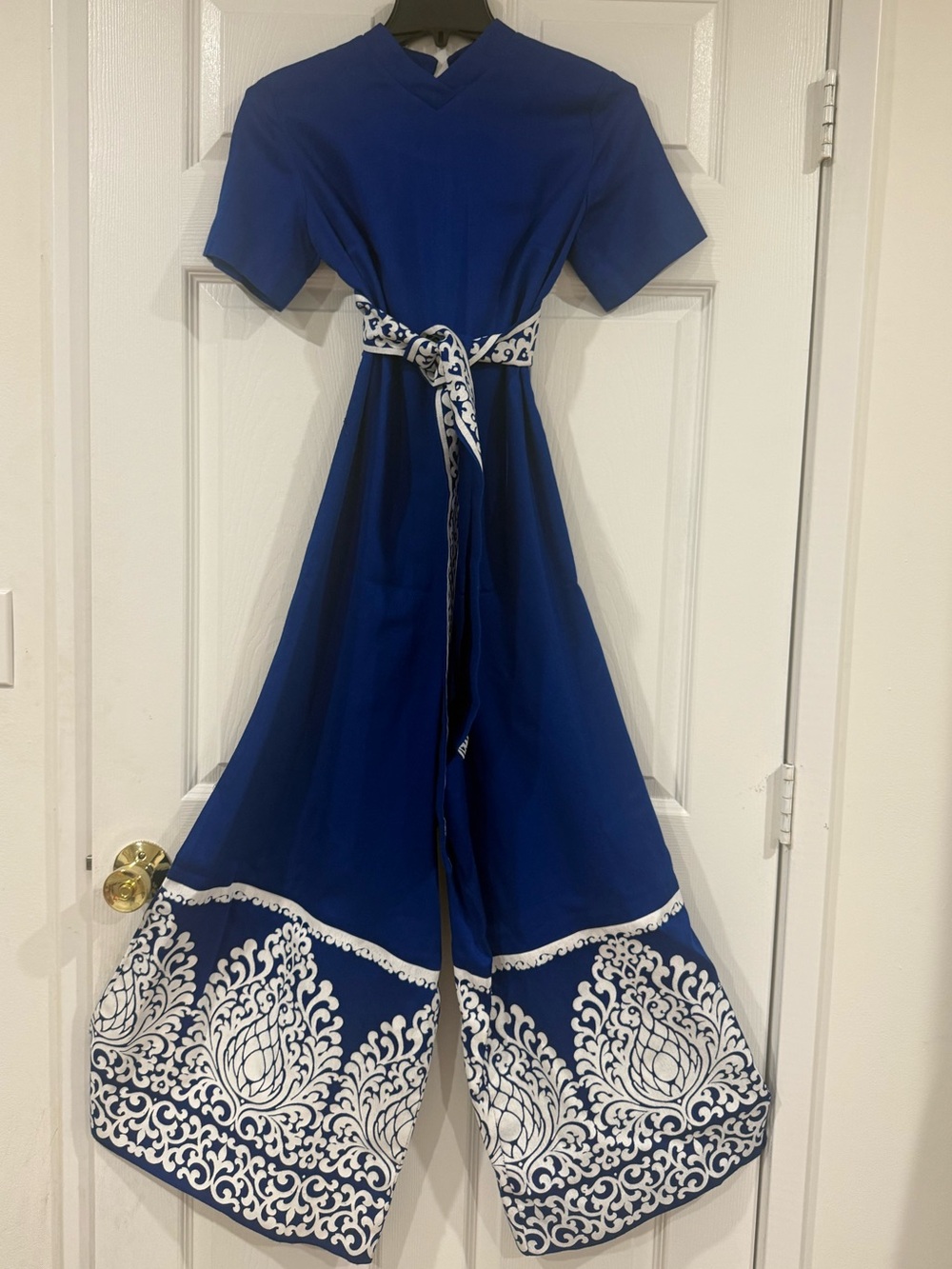 Alfred Shaheen Vintage Royal Blue Jumpsuit with White Scrolled Hem and Waist Tie